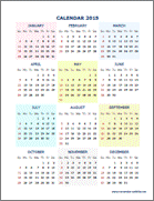 Printable Yearly Calendar, 6 Color Design, Portrait Orientation - Picture